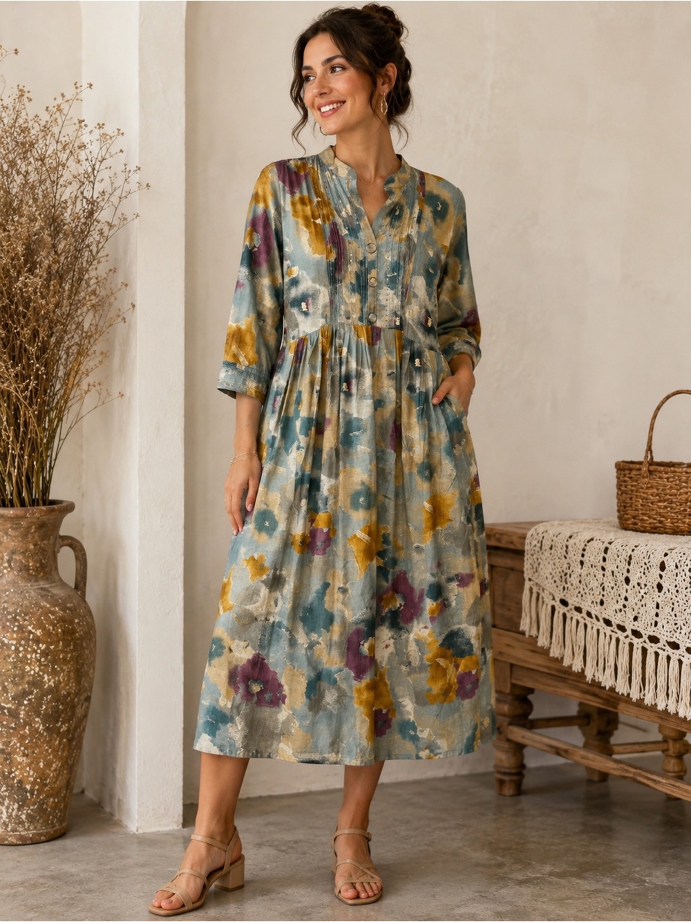 Painted Floral Button-Front Midi Dress in Teal, Mustard & Plum